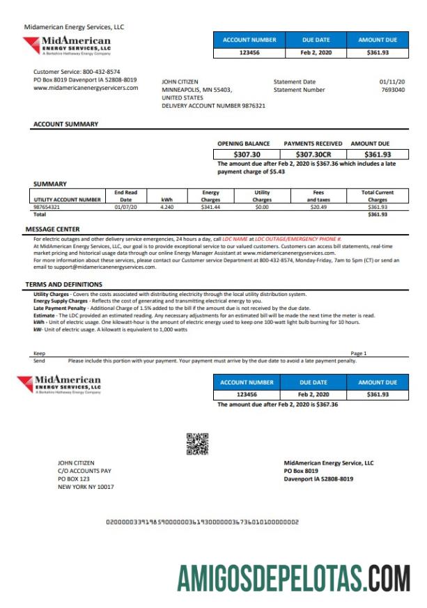 imprimível Modelo de conta de serviços públicos de energia dos EUA Iowa MidAmerican em formato Word e PDF